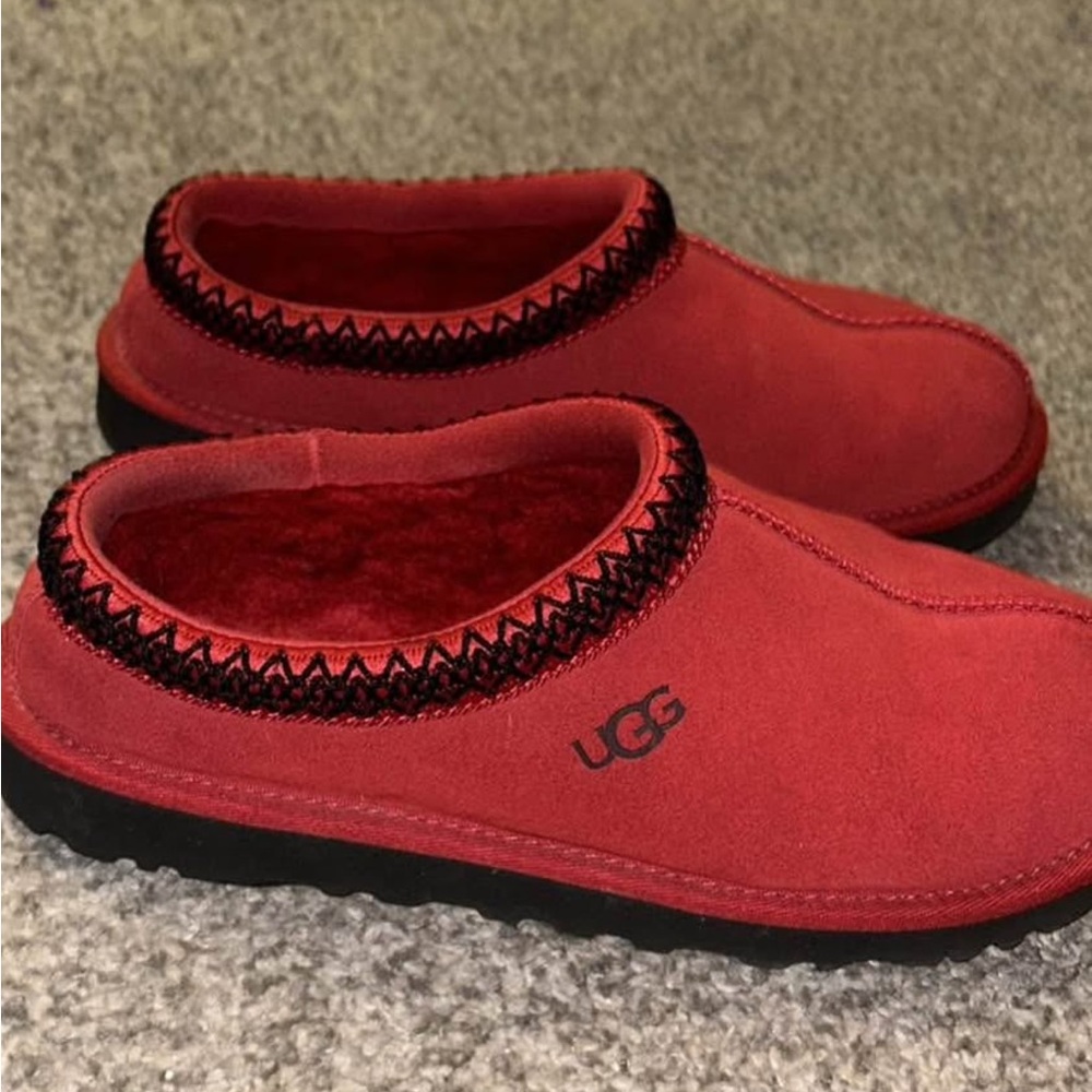 UGG Red Suede Slip-Ons with Black Trim